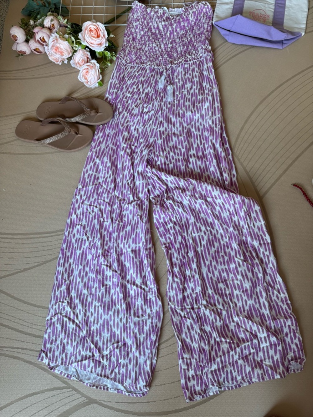 Women's Strapless Wide-Leg Jumpsuit - Lavender Print
